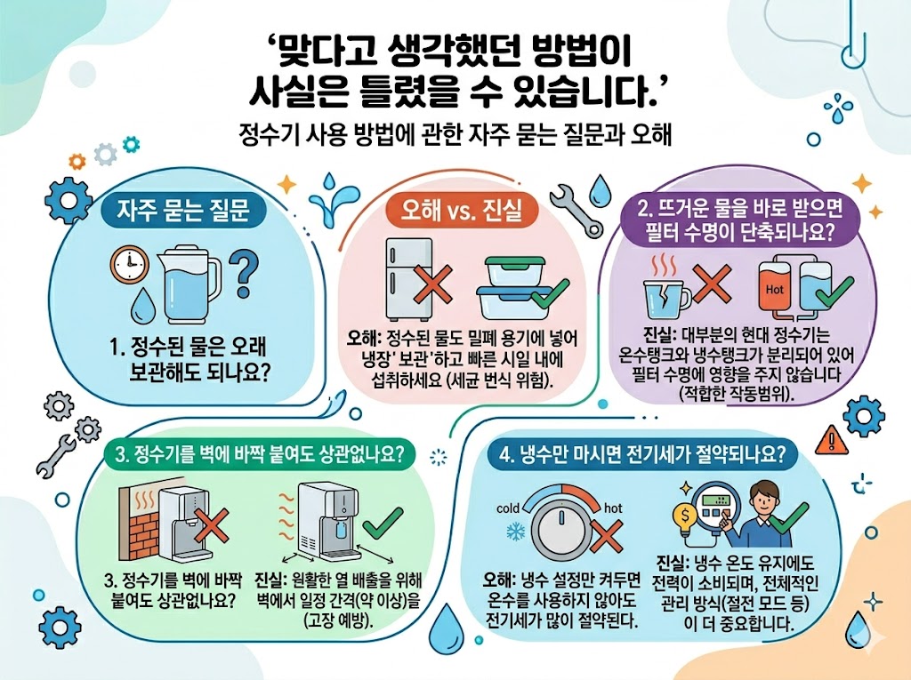 정수기 사용 방법에 관한 자주 묻는 질문과 오해를 정리한 이미지