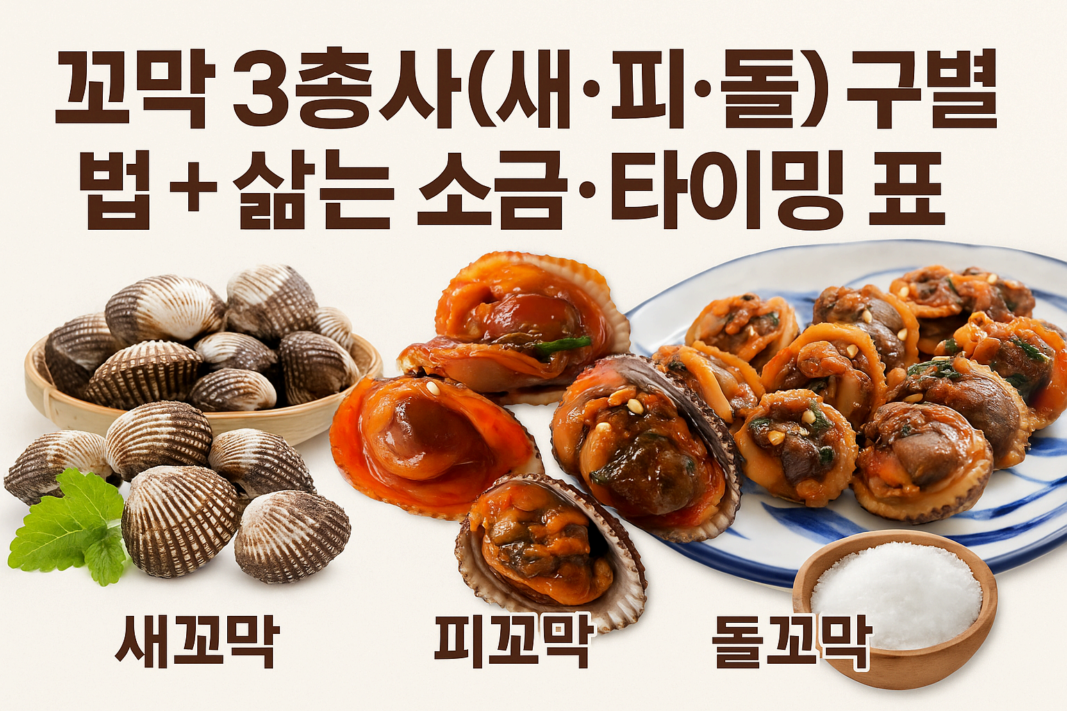 꼬막 3총사(새&middot;피&middot;돌) 구별법 + 삶는 소금&middot;타이밍 표