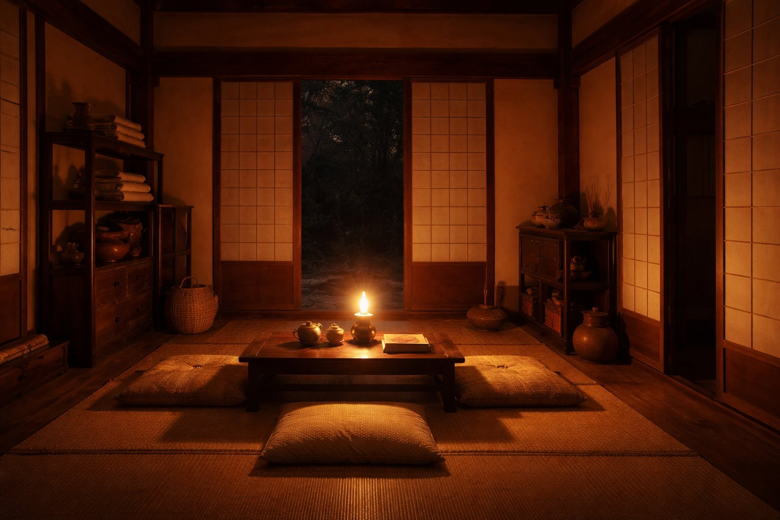 전통 한옥 방 안에서 등잔불이 은은하게 비추는 밤의 풍경