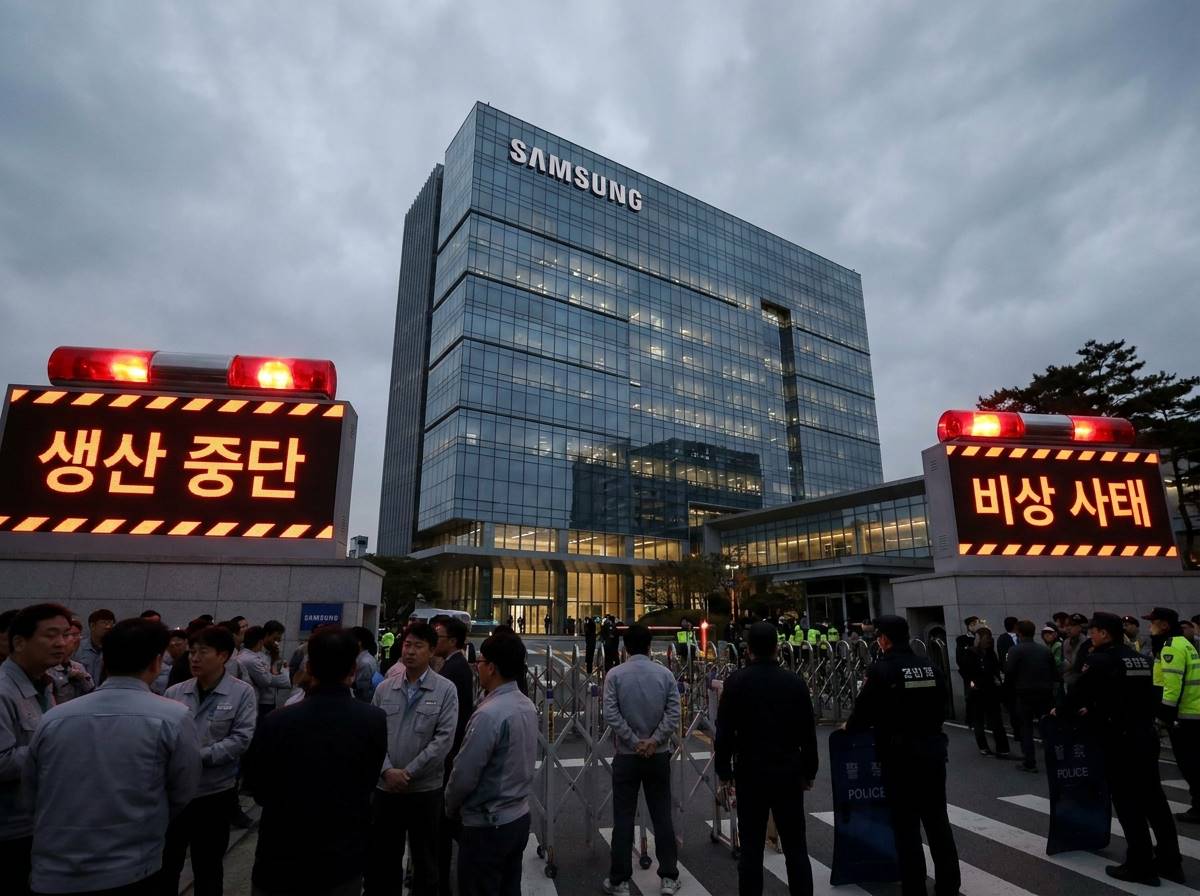 삼성전자 본사 건물 앞에 긴장감이 흐르는 분위기, 공장 가동 중단을 상징하는 붉은색 경고등