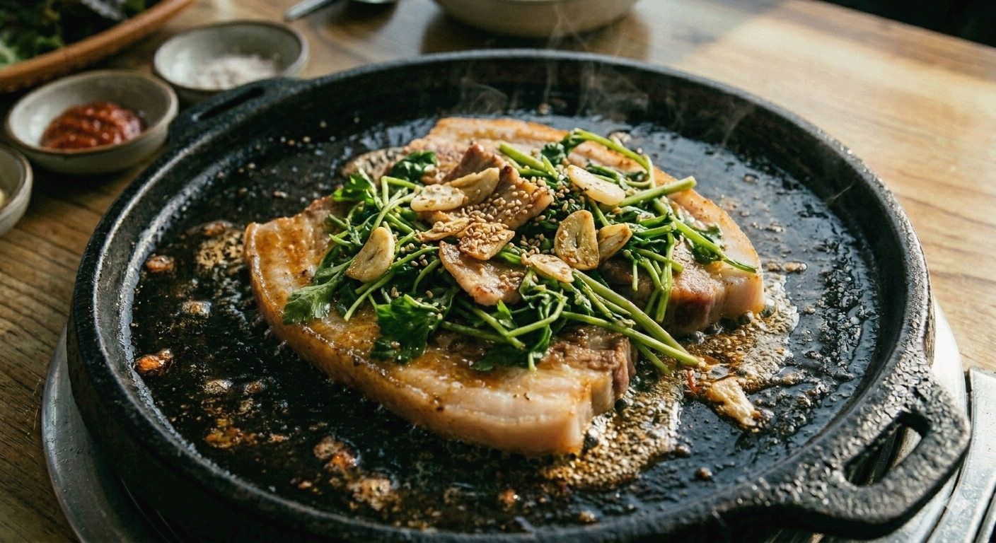 불판 위에서 완벽하게 익어 먹기 좋은 상태가 된 미나리 삼겹살 완성 조리 완료