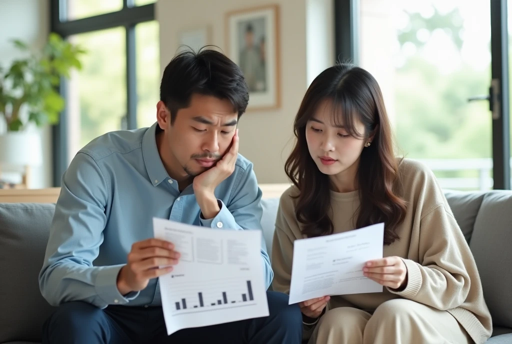 다양한 투자 서류를 보며 고민중인 부부