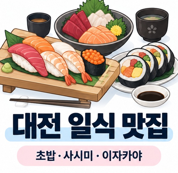 대전 일식 맛집을 상징하는 초밥 사시미 후토마끼 4컷형 인포그래픽