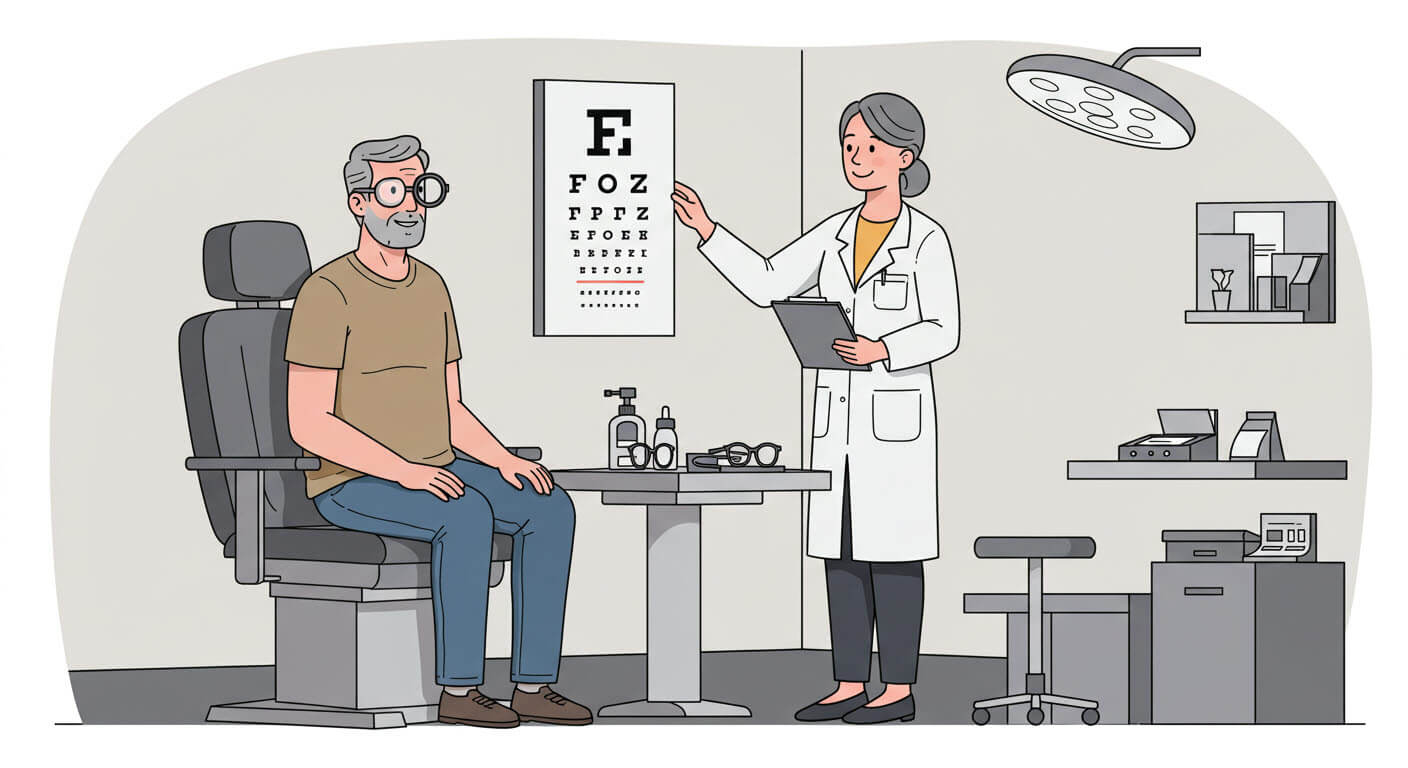 중년의 남자가 시력을 test 하고 있는 모습
