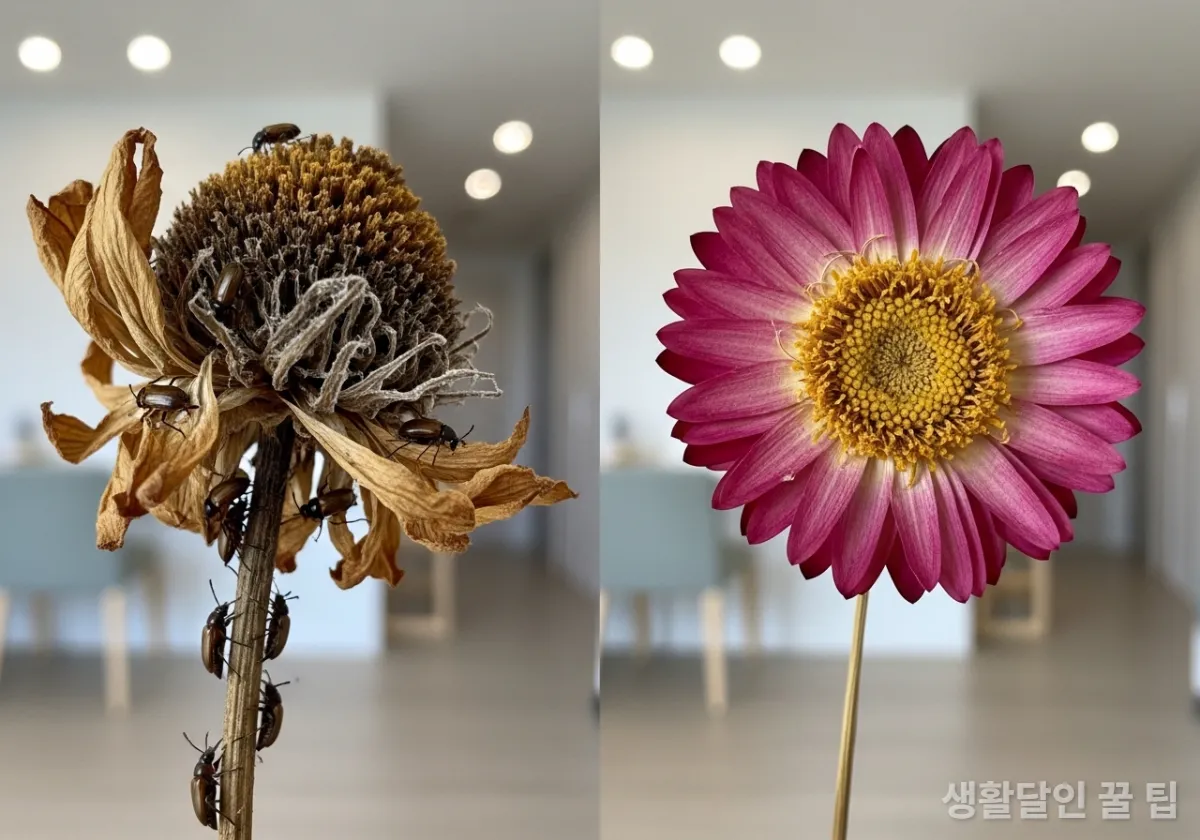 자연 건조로 망가진 꽃과 실리카겔로 잘 말린 꽃 비교