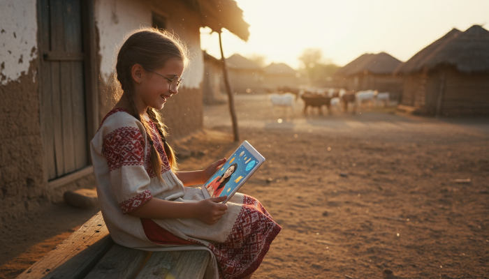시골 마을에서 태블릿을 이용해 온라인 강의를 듣고 있는 아이의 밝은 미소
