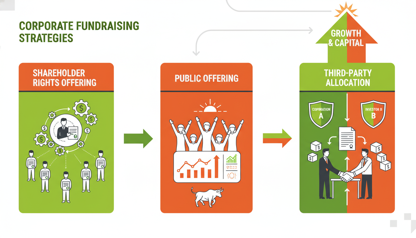 유상증자의 세 가지 주요 유형(주주배정, 일반공모, 제3자배정)을 시각적으로 나타낸 인포그래픽 이미지. 각 유형별 특징이 간결하게 표현되어 있다.