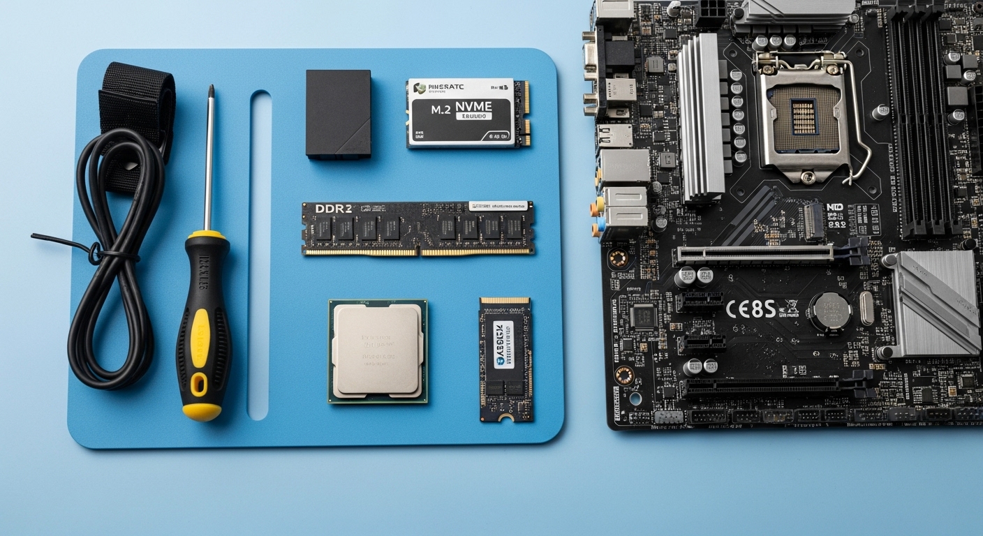 정전기 방지 매트 위에 CPU, RAM, SSD, 메인보드 등 컴퓨터 부품과 조립 도구들이 깔끔하게 놓여 있는 모습