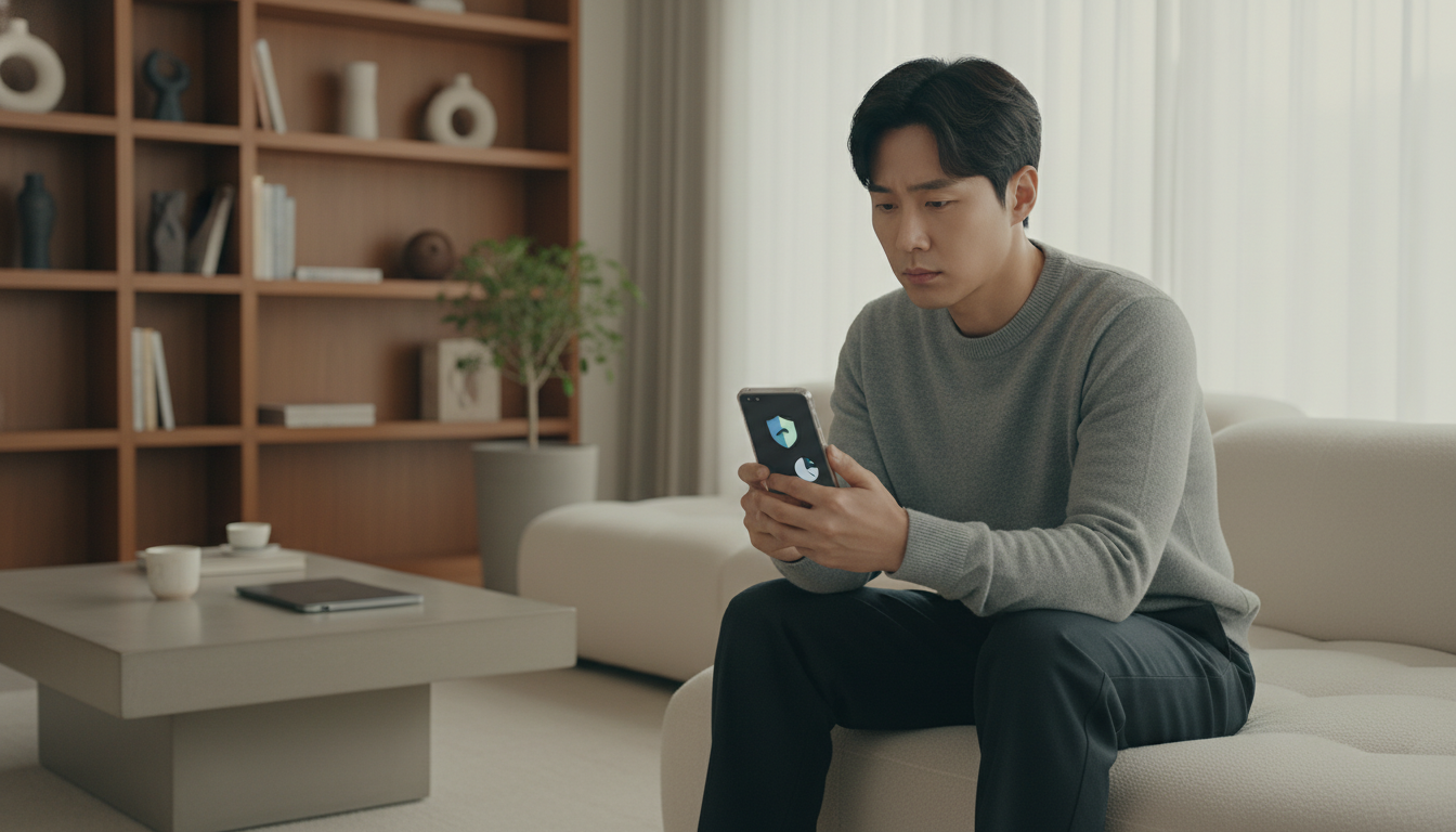 거실 소파에 앉아 스마트폰으로 국세청에 문의하는 한국인
