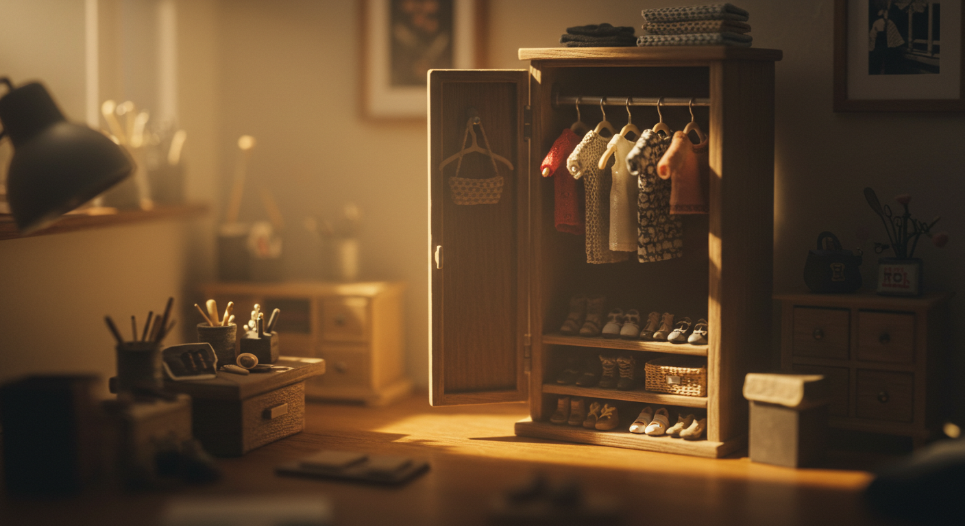 책상 위 미니어처 옷걸이와 작은 상의·하의·신발 소품으로 구성된 틸트쉬프트 느낌의 대표 이미지