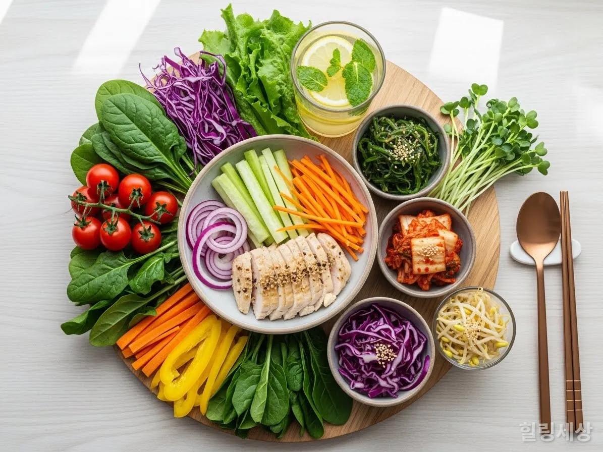 건강한 한국식 디톡스 식단과 음료