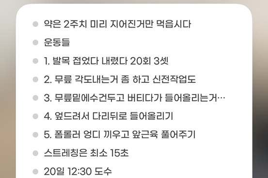 집에서 재활할 때 운동 리스트 메모