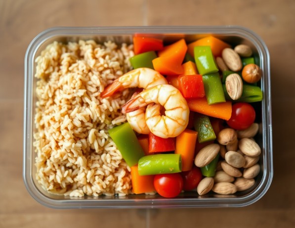 현미밥 + 새우 채소 볶음 + 견과류 믹스 도시락