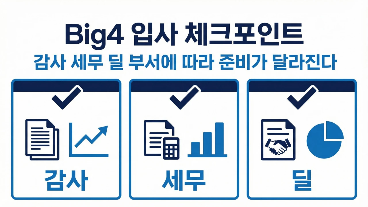 Big4 회계법인 입사 준비에서 감사 세무 딜 부서 차이를 정리한 이미지