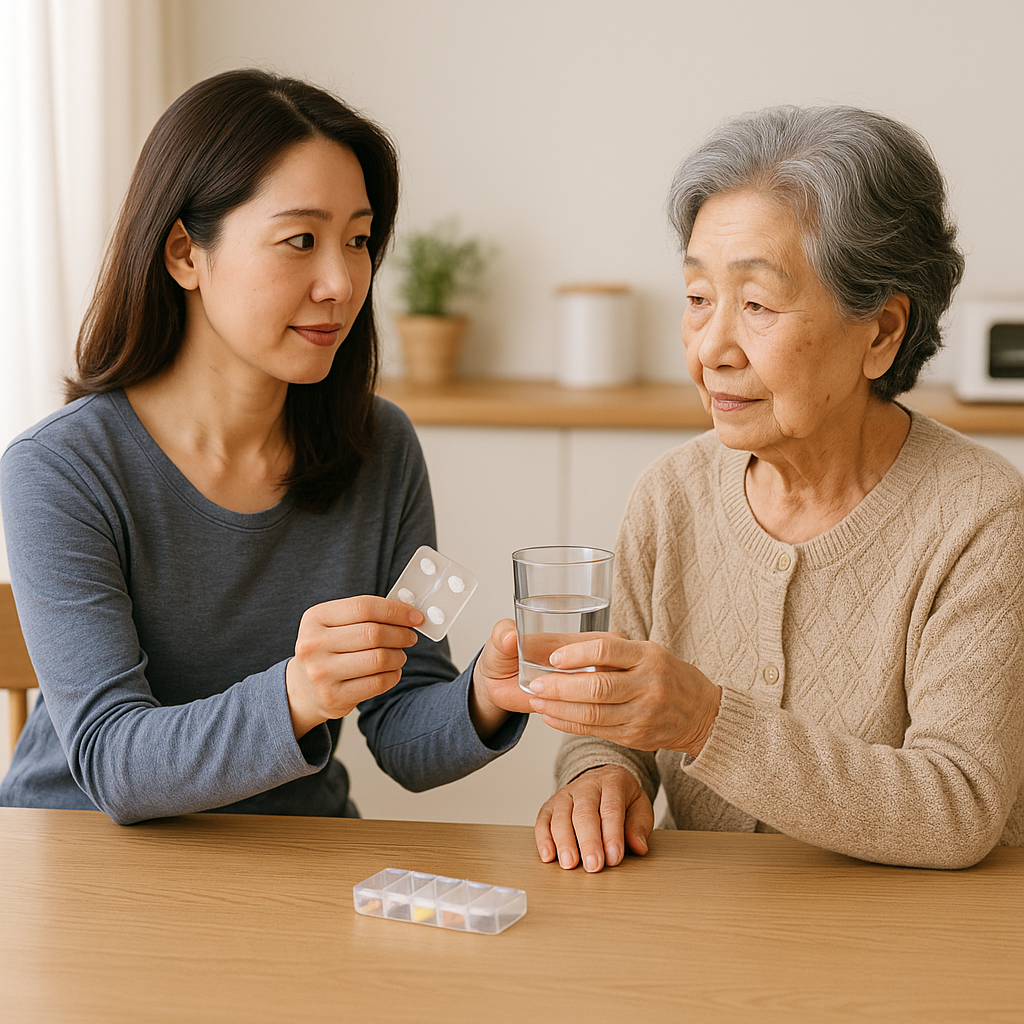 노모에게 약을 챙겨 먹이는 딸