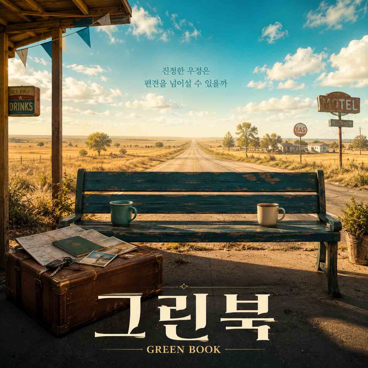 영화 그린북을 표현한 미국 남부의 끝없이 이어진 도로와 빈 벤치, 여행 가방과 두 개의 커피잔 이미지