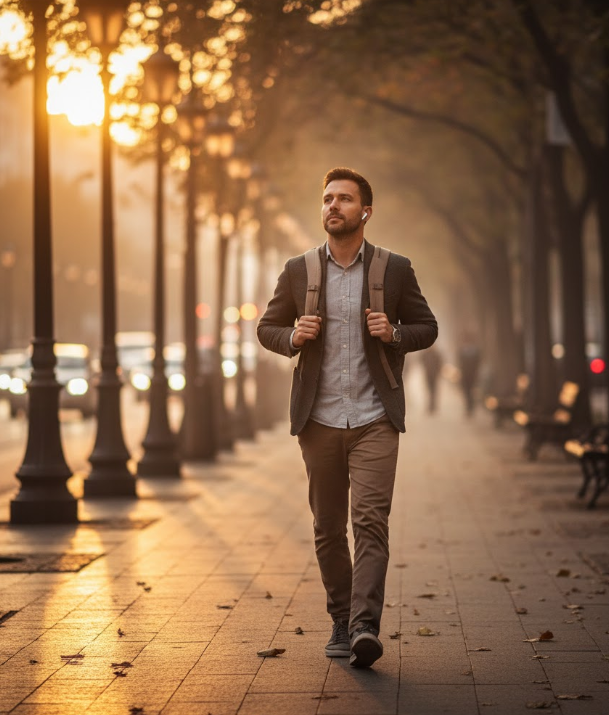 회사원이 이어폰을 끼고 걷기를 하고 있는사진