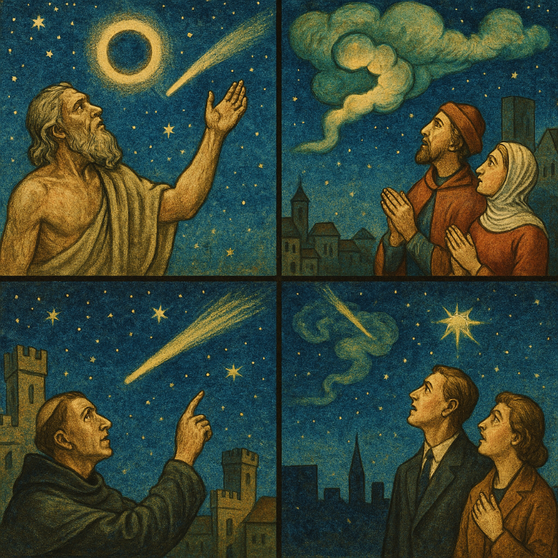 서로 다른 시대의 사람들이 하늘의 예언적 징후를 바라보는 모습