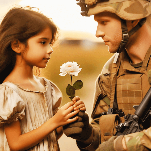 전쟁터에서 백인 남자 군인이 어린 여자아이에게 하얀 꽃 한송이를 주는 장면이다.