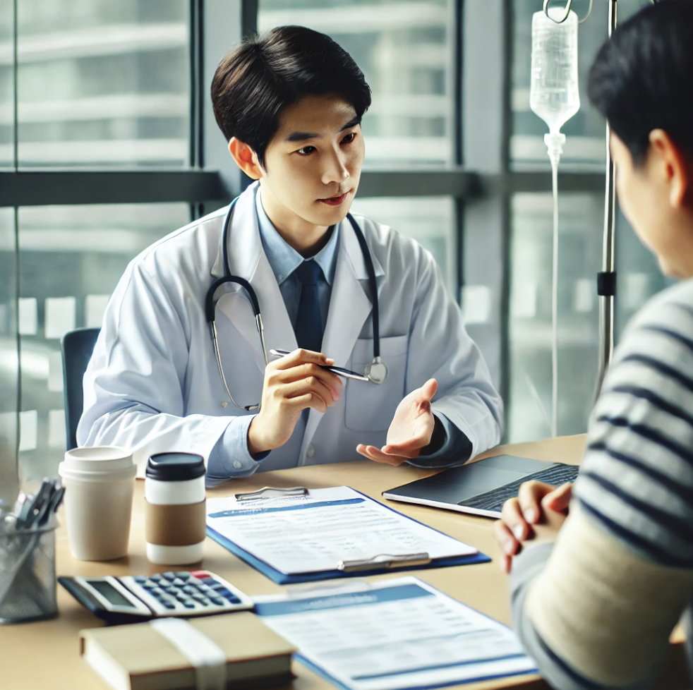 병원에서 의료 상담을 받으며 의료비 관련 서류를 확인하는 장면