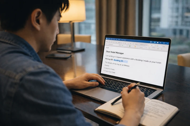 호텔 비즈니스 센터의 책상에서 30대 한국인 남성 블로거가 노트북으로 호텔 매니저에게 보낼 영어 이메일 초안을 작성하며, Booking ID가 표시된 화면을 확인하고 펜을 든 채 메모를 준비하는 모습