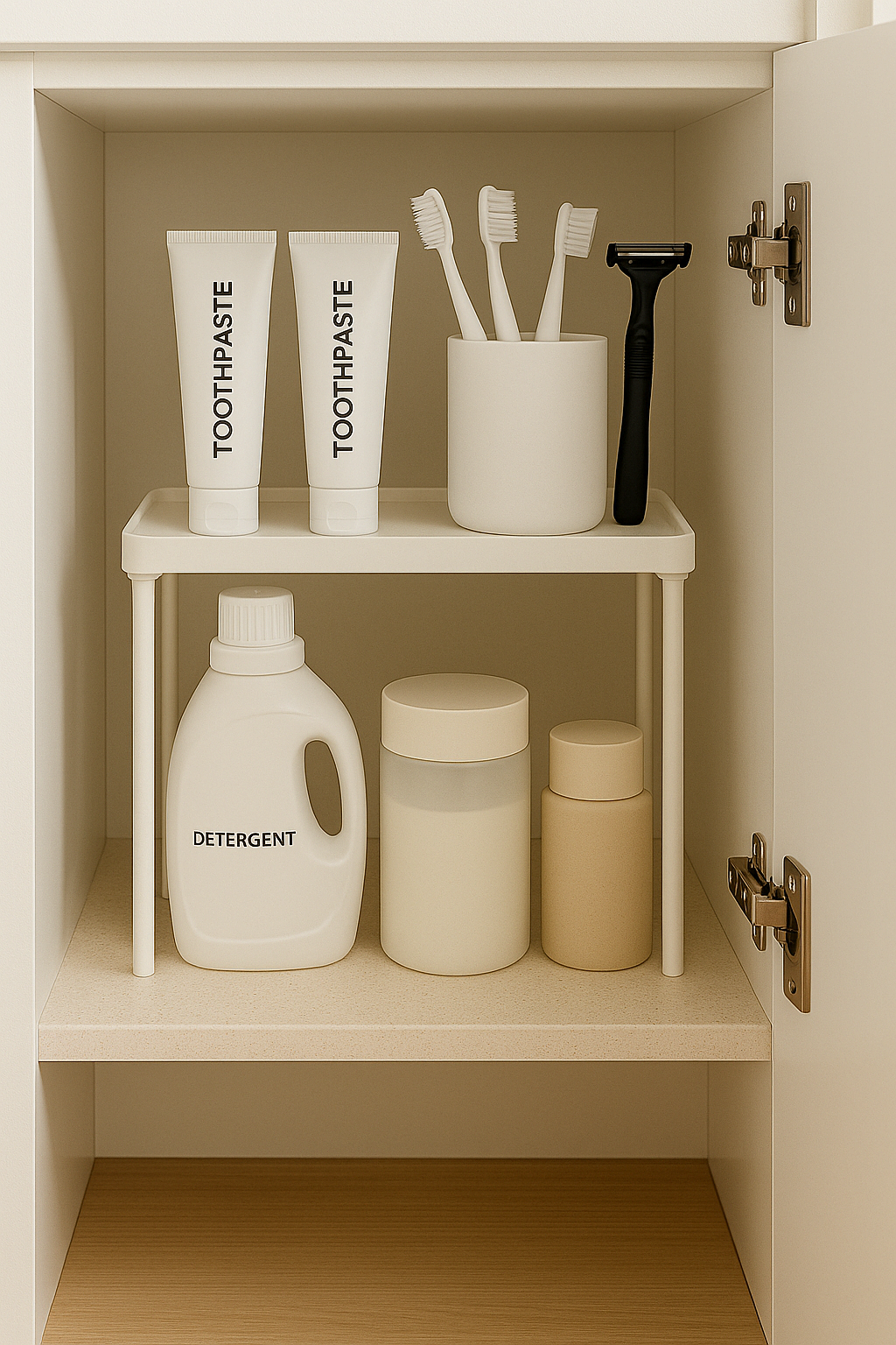 욕실 수납장에 선반 확장 아이템을 설치해 작은 물건과 큰 물건을 나눠 정리한 모습