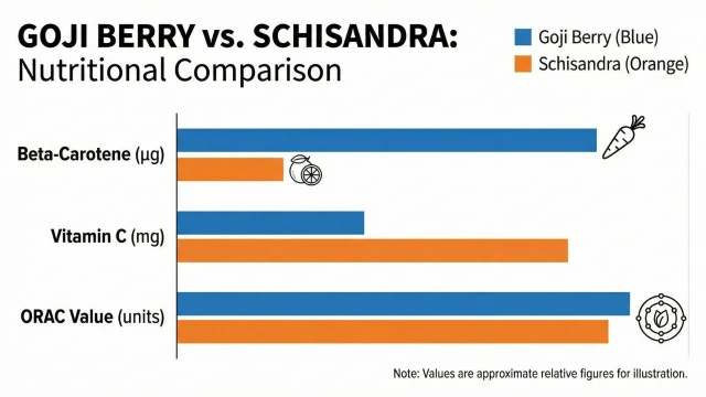 구기자와 오미자 성분 비교 차트 - 베타카로틴, 비타민C, 항산화 지수 비교