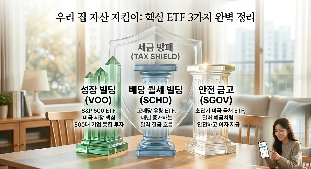 세금 방패(Tax Shield)와 함께 시각화된 VOO, SCHD, SGOV 핵심 ETF 3종 요약 인포그래픽