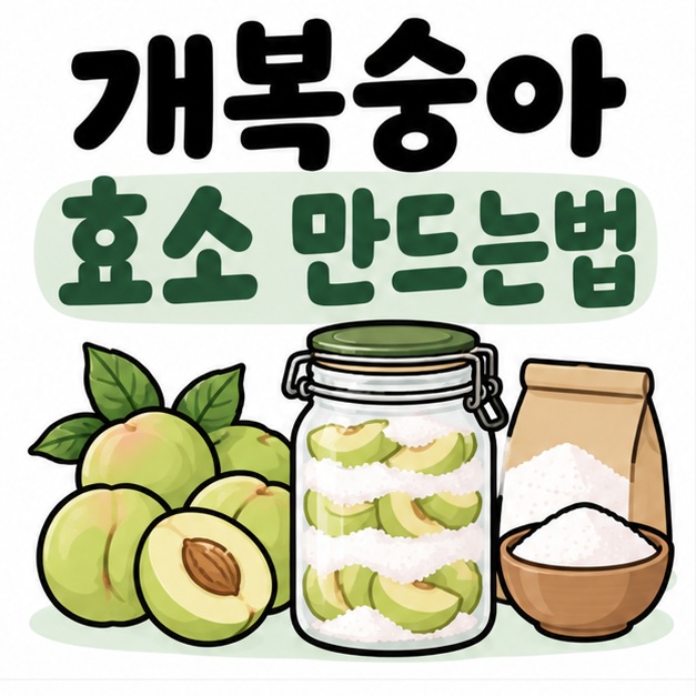 개복숭아와 설탕, 유리병 아이콘 옆에 개복숭아 효소 만드는법이라는 제목이 크게 적힌 대표 썸네일