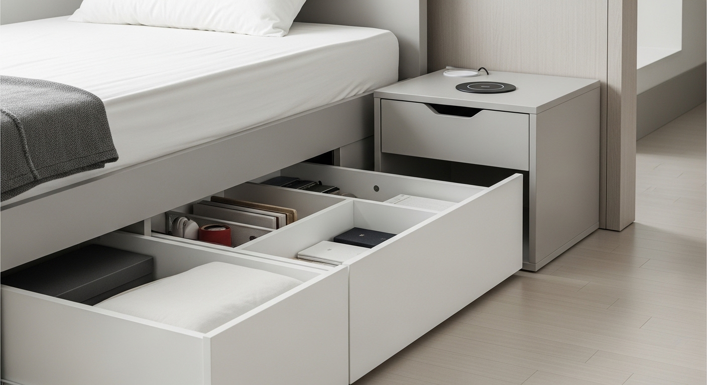 10평 오피스텔의 효율적인 수납 아이디어. 침대 하단에 내장된 서랍형 수납 공간과 무선 충전 기능을 갖춘 협탁.
