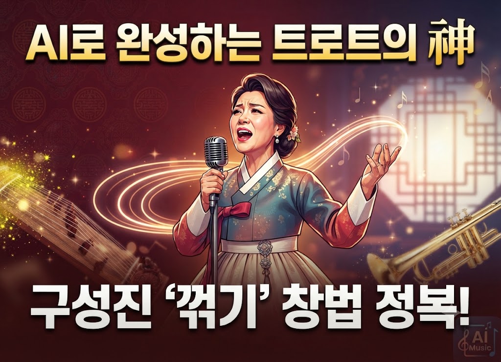 AI로 트로트 곡을 만드는 방법을 설명하는 블로그 글의 썸네일로, 한복을 입고 마이크를 잡고 열창하는 가수의 모습과 함께 'AI로 완성하는 트로트의 神, 구성진 꺾기 창법 정복' 문구가 적혀 있는 이미지"