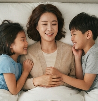 저녁에 함께 누워 웃는 모습
