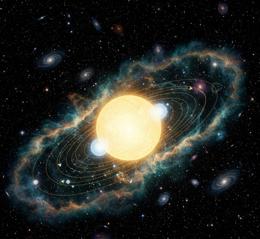 중심의 거대한 노란색 초거성과 그 주변을 공전하는 동반성들로 이루어진 북극성 삼중성계와 세페이드 변광성의 맥동을 시각화한 천문학 일러스트