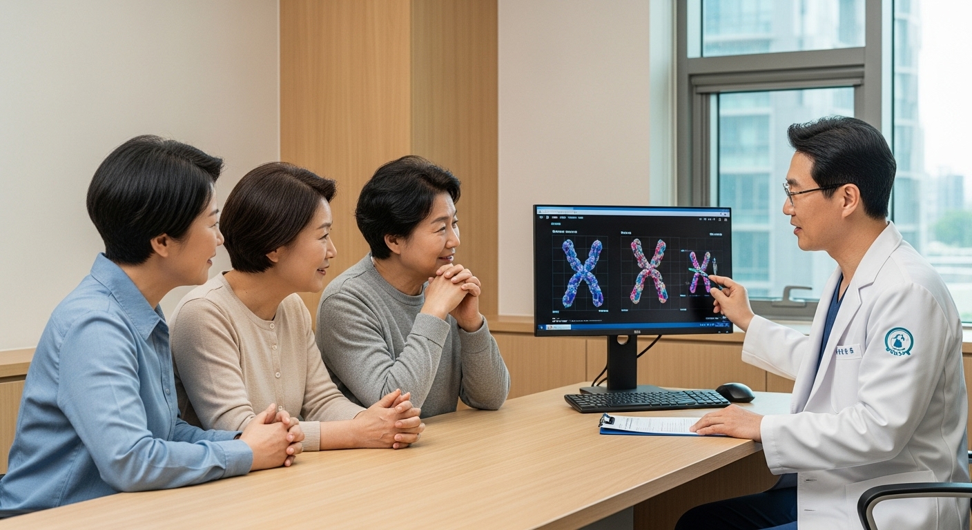 a Korean family at a hospital consultation room receiving hopeful news about gene therapy treatment for a rare genetic disorder