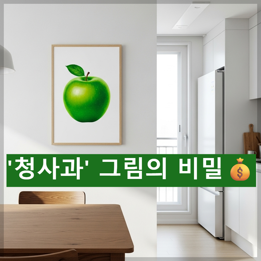 한국식 아파트 주방 식탁 옆 벽면에 싱그러운 초록색 청사과 그림 액자가 걸려있고 자연광이 비추는 밝고 깨끗한 모습