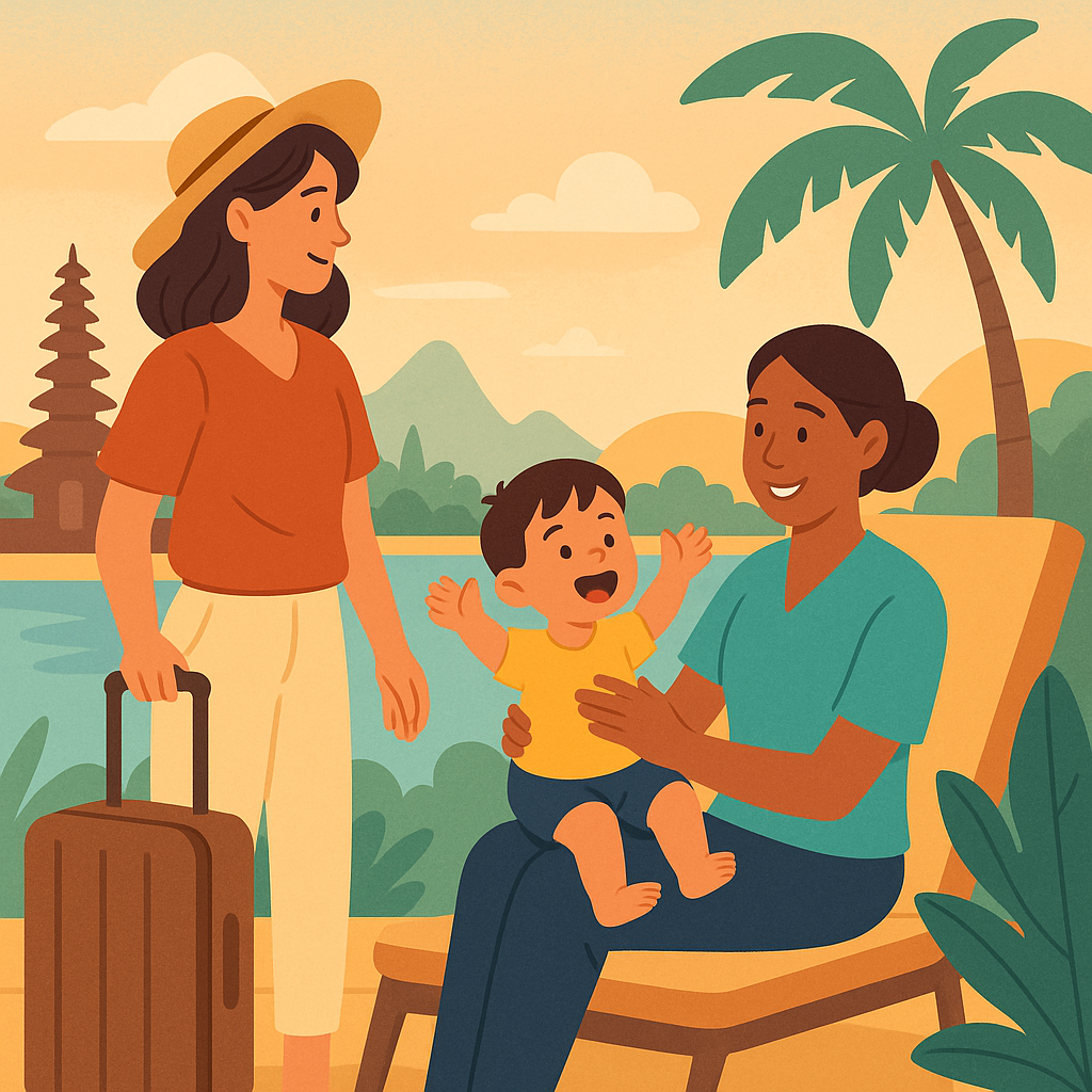아이가 어린 가족이 발리를 여행할 때 아이돌보미인 내니 서비스를 이용하는 이미지