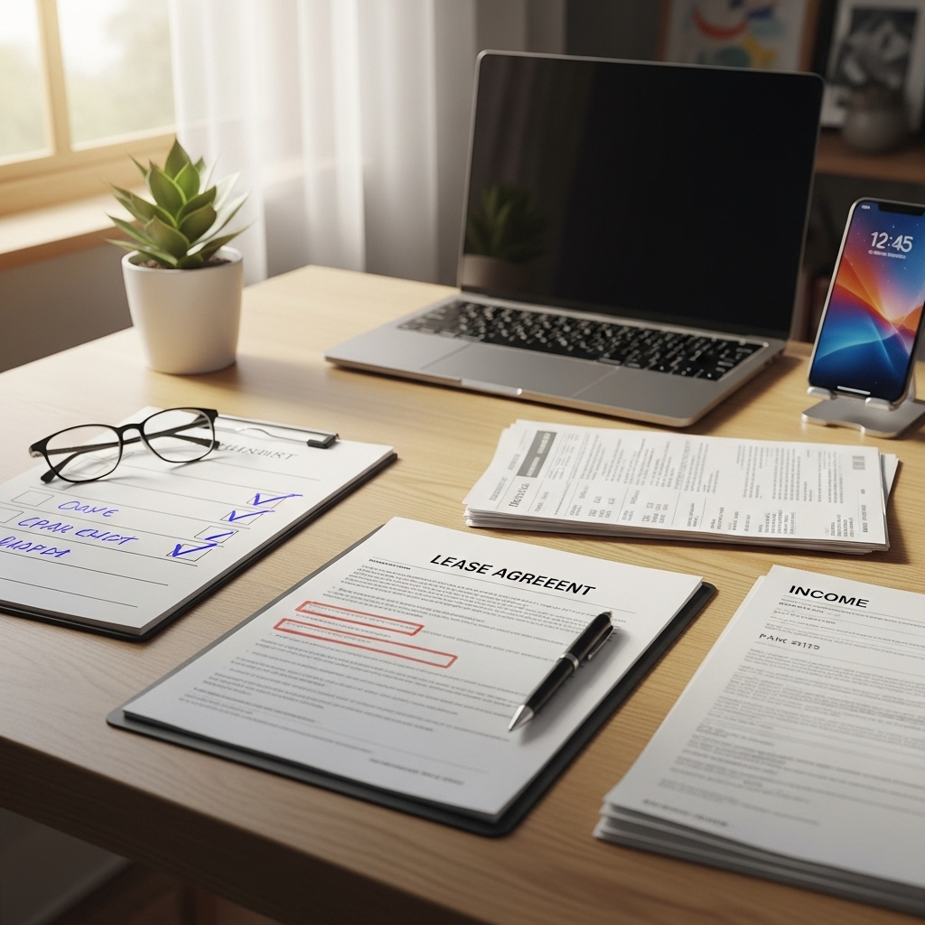 깔끔하게 정리된 책상 위에 전세 계약서, 소득 서류, 체크리스트 등이 놓여있는 모습