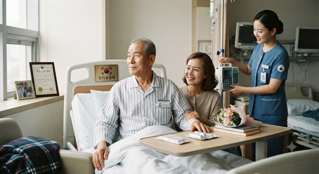 병원에서 보호자의 도움으로 치료받고 있는 국가유공자