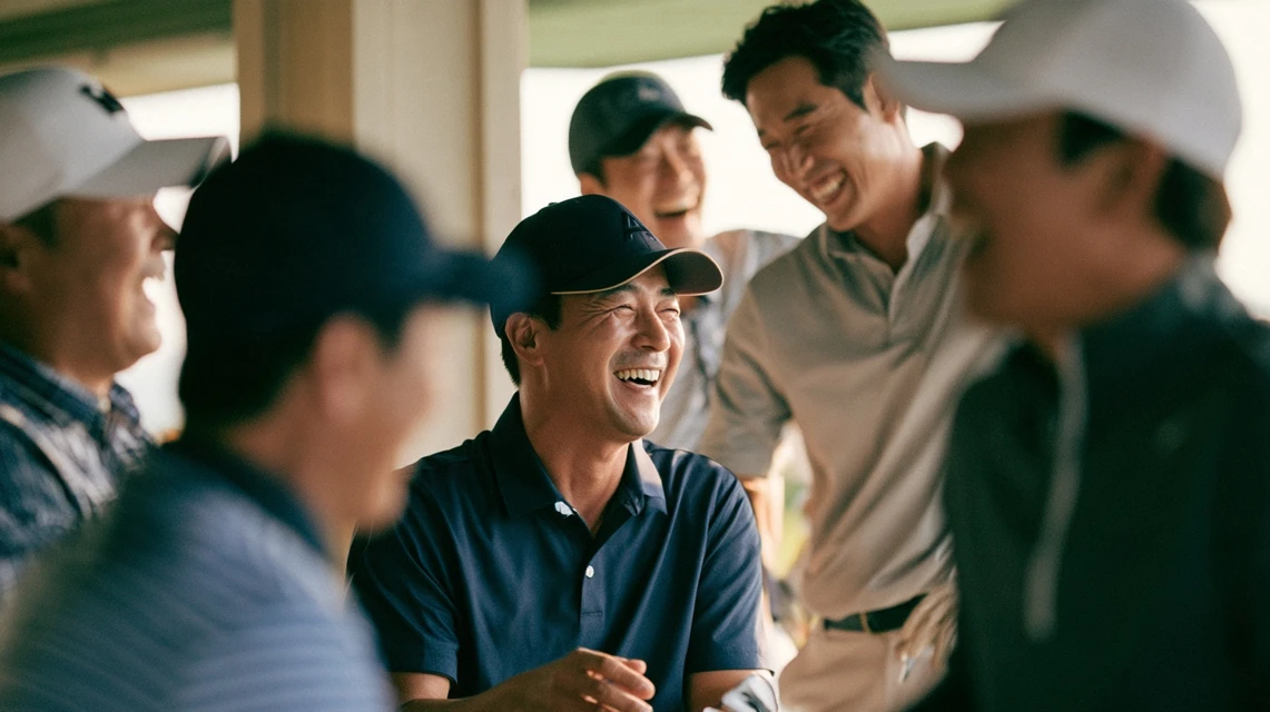 다음 모임에서 편하게 대화하는 골프 모임원들