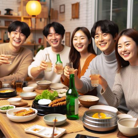 젊은이들이 소주를 마시며 회식을 하고있다.