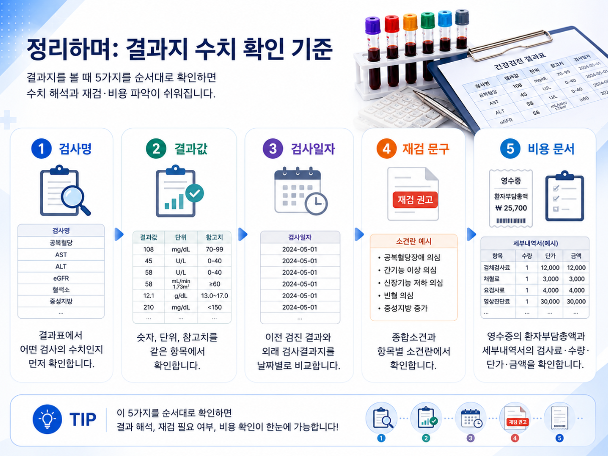 건강검진 결과지에서 검사명, 결과값, 검사일자, 재검 문구, 비용 문서를 순서대로 확인하는 기준을 정리한 의료 인포그래픽