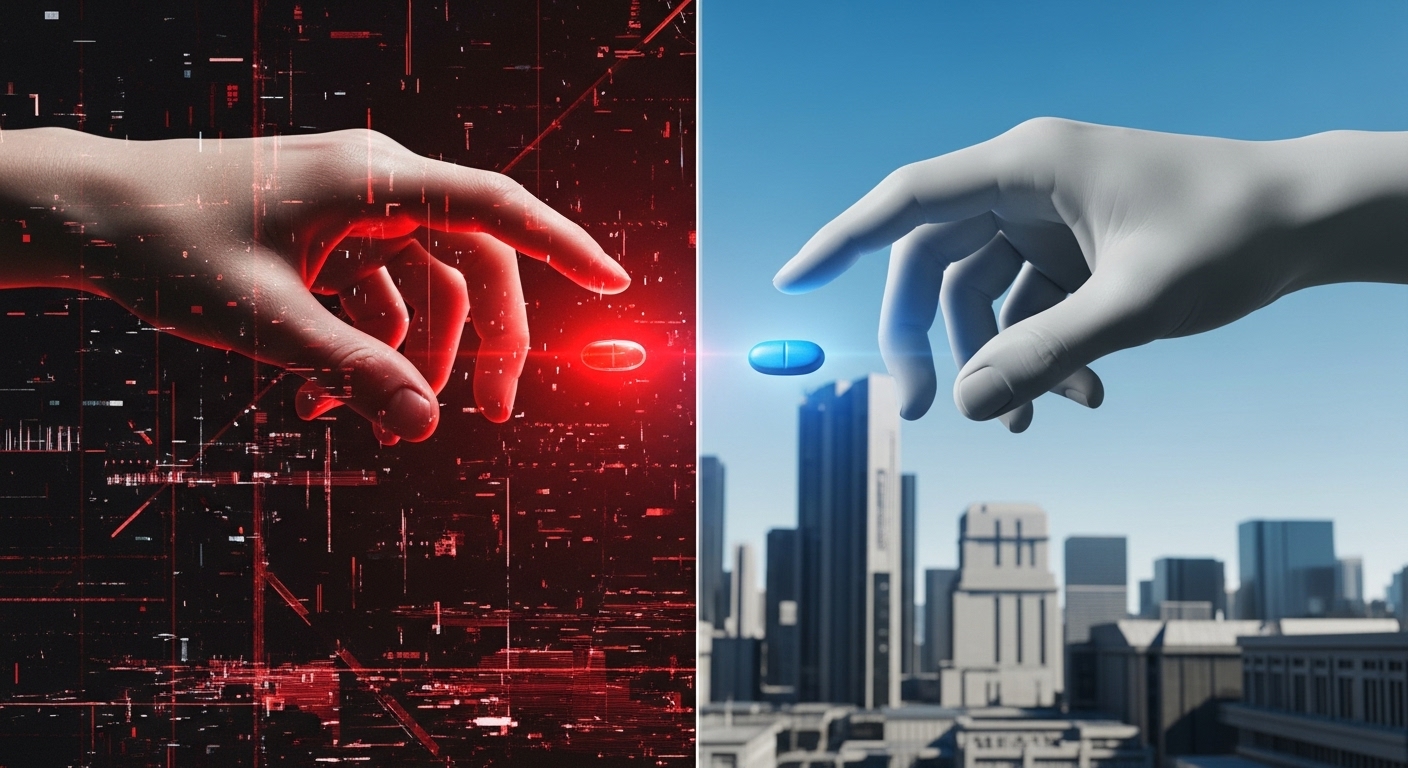 매트릭스의 빨간 약과 파란 약이 진실과 거짓 사이의 선택을 상징하는 이미지.