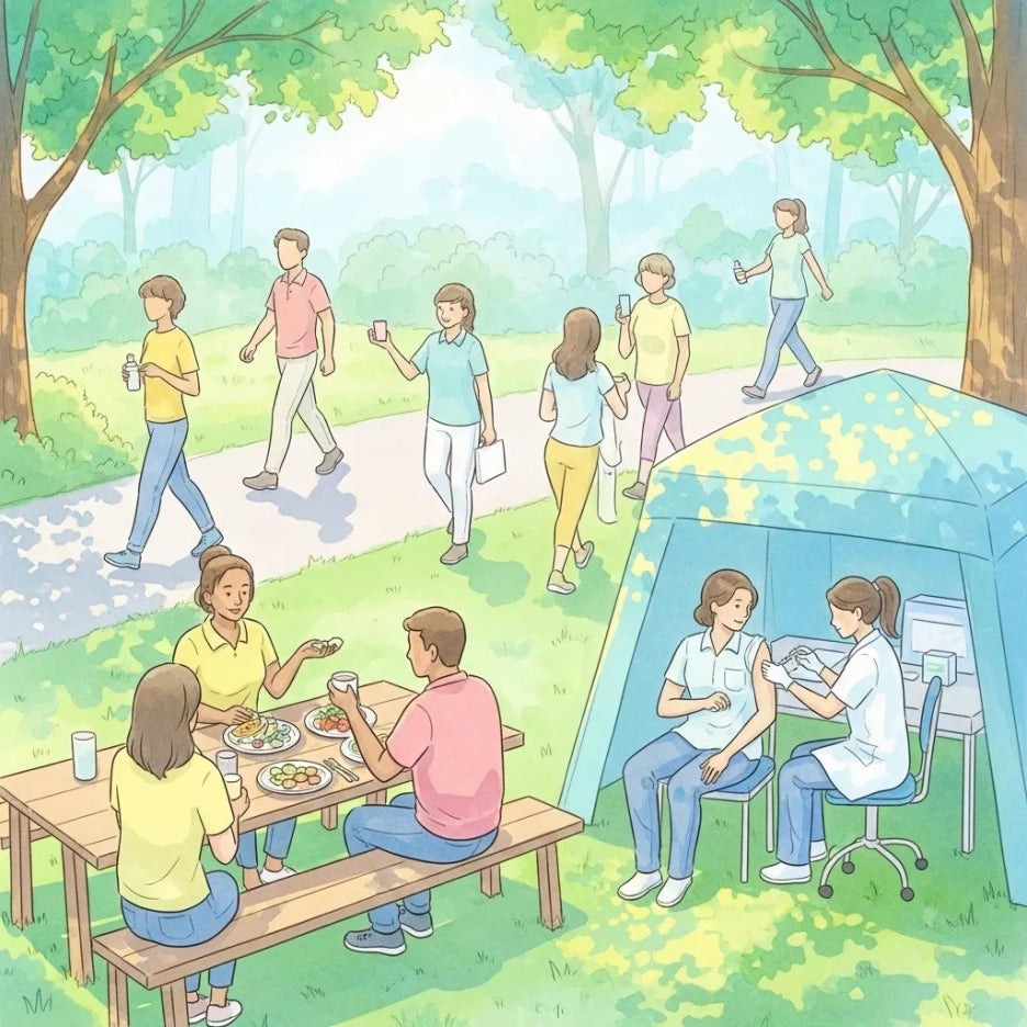 다양한 사람들이 건강한 생활 습관을 실천하는 모습.