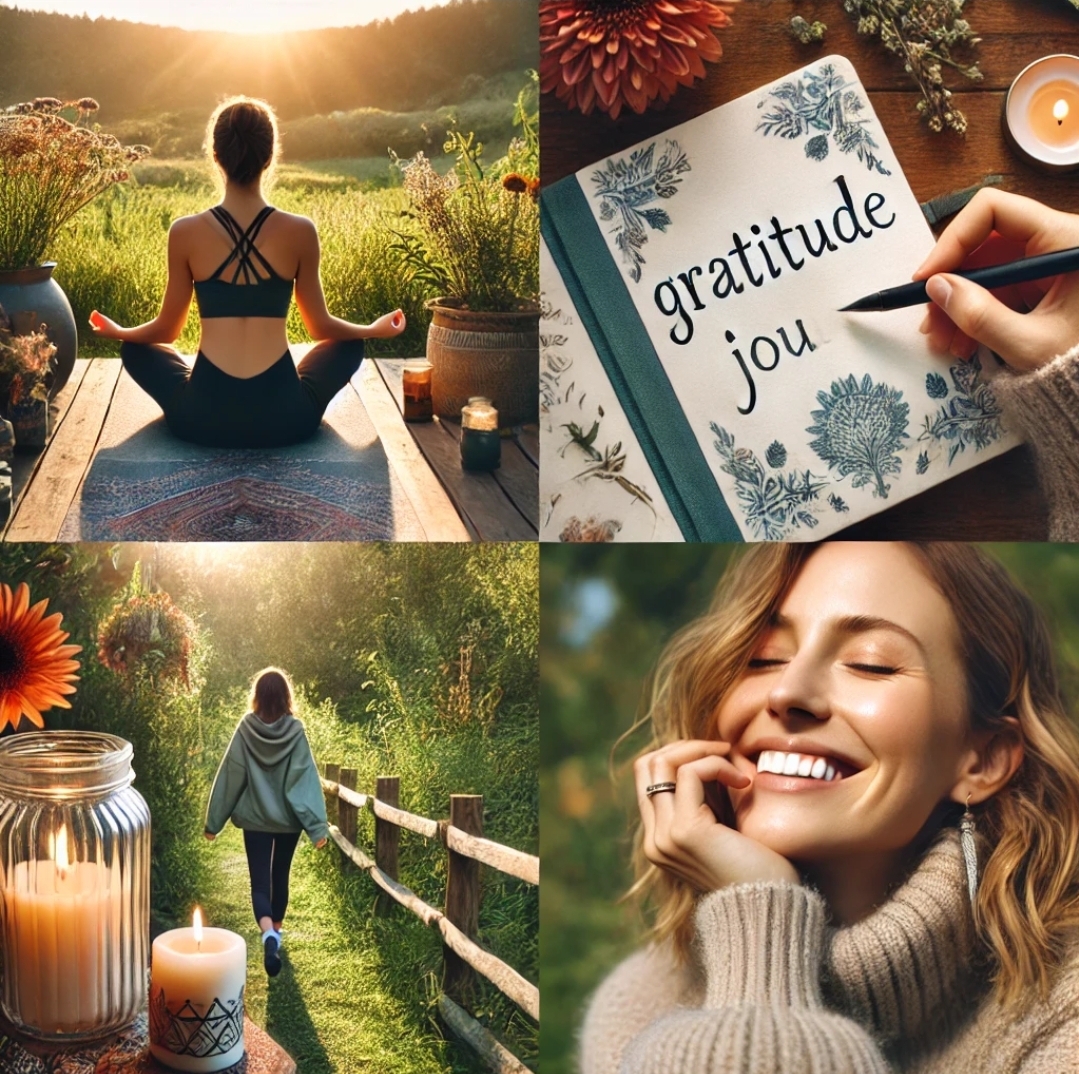요가, 명상, 감사 저널, 자연 속 산책, 밝은 미소를 담아 긍정적인 삶의 모습