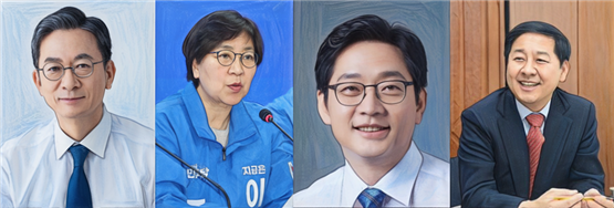 좌측부터 정성호 법무부 장관 후보, 정은경 보건복지부 장관 후보, 김경수 국가균형발전위원장, 구윤철 기획재정부 장관 후보(일러스트)