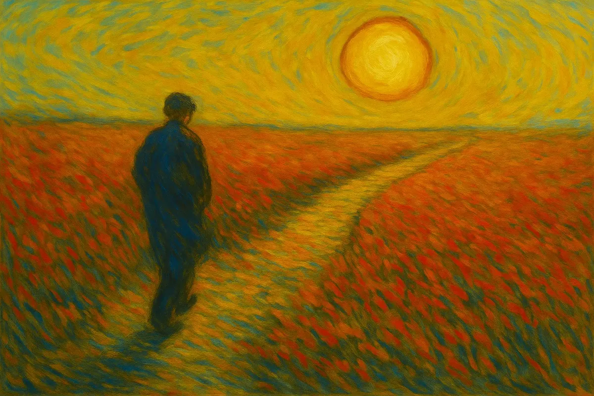 노을진 길을 걷는 사람의 희망적인 아트