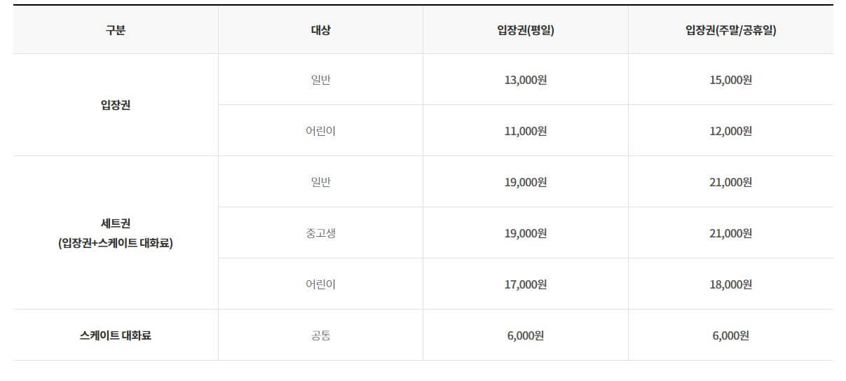 롯데월드 아이스링크 가격표