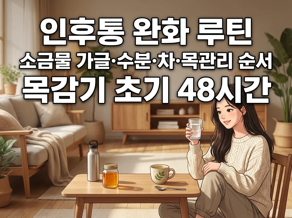 인후통 완화를 위한 소금물 가글과 수분 섭취 방법을 설명하는 건강 전문가와 목 관리 용품 이미지