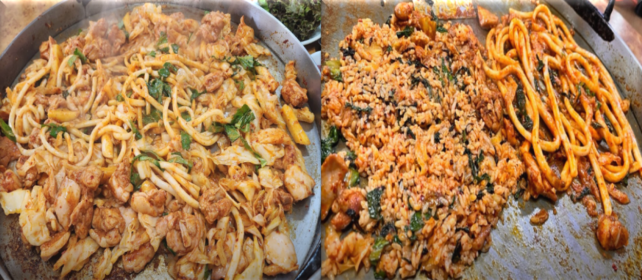 철판-위-뼈없는-닭갈비와-볶음밥,-그리고-우동사리