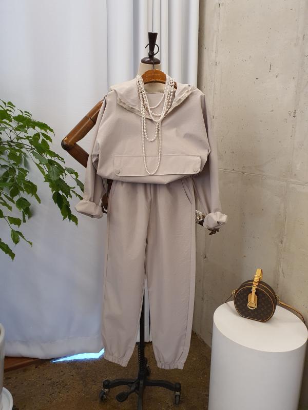 10 2사이즈 또띠아 후드 집업 밑단 스트링 조거 밴딩 바지 세트